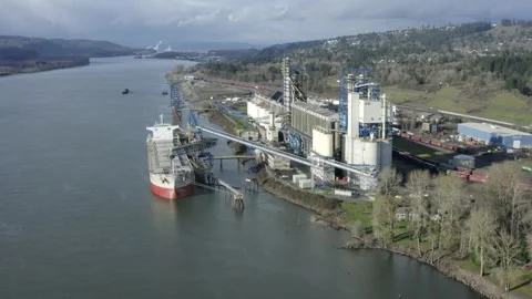 Grain Elevators and Shipping on Columbia River Washington State Drone Stock Footage 335302598