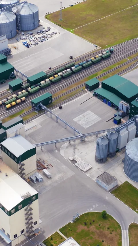 Grain elevators on field. Modern industry for agribusiness. Stock Footage 296771754