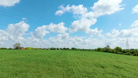 Grain field beneath power lines and bright cloudscape. Modern agriculture Stock Footage 334662575