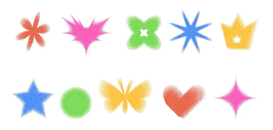 Grain gradient shapes. Dots geometric figures set. Y2k retro heart, star and Stock Illustration
