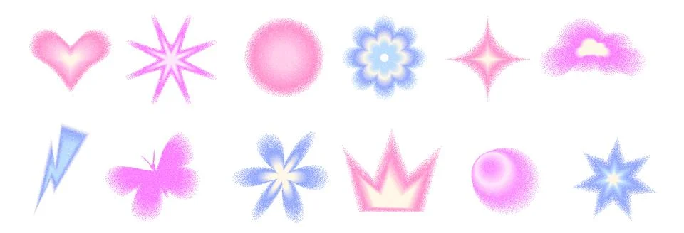 Grain gradient shapes. Dots geometric figures set. Y2k retro circle with flower Stock Illustration