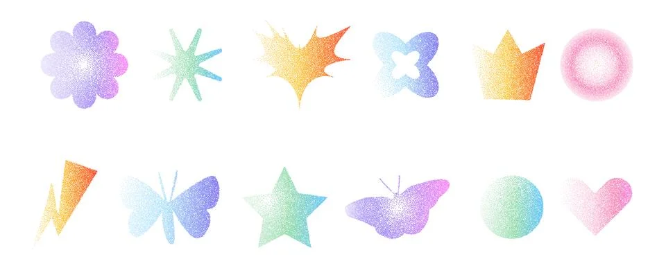 Grain gradient shapes. Dots stippling geometric figures set. Y2k retro heart, Stockillustratie