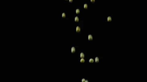 Grain of peas falling down on black background slow motion Video stock 73074466