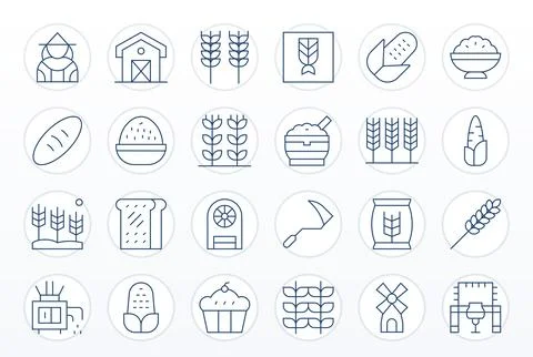 Grain Pixel Optimized Vector Set with 24 128x128 Thin Line Icons Stock Illustration