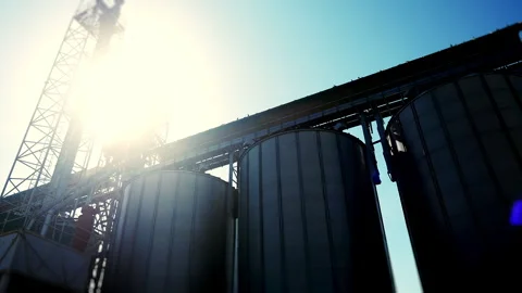 Grain Silos and Conveyor System at Agricultural Storage Facility. Stock Footage 346797958