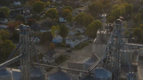 Grain Silos and Elevators at Sunrise Pine Island Minnesota Stock Footage 332625349