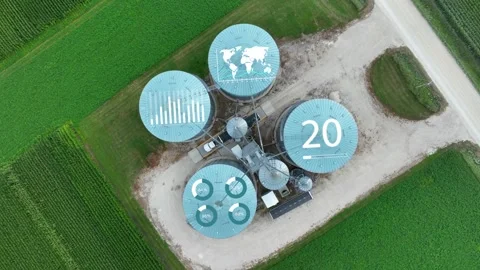 Grain silos with digital overlays for IOT and autonomous unloading in 스톡 동영상 260695038