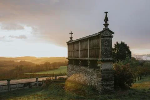 Grain storage building made of stone in Galicia, Spain. Stock Photos