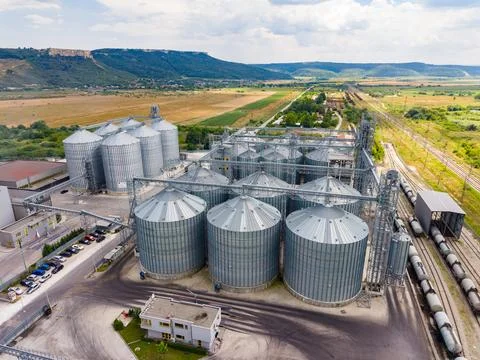 A grain storage facility has several large silos standing in rows. Fields ext 库存照片