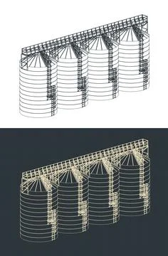 Grain storage facility isometric blueprints Stock Illustration