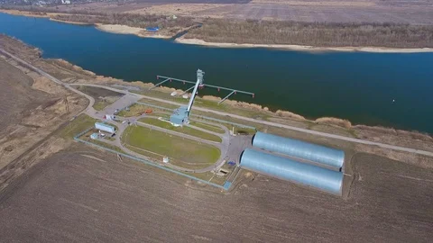 Grain storage silos and grain elevator at the port. Stock Footage 73776294