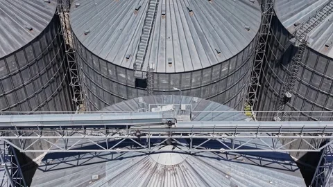 Grain storage silos with a focus on metal roofs and structures Stock Footage 341328132