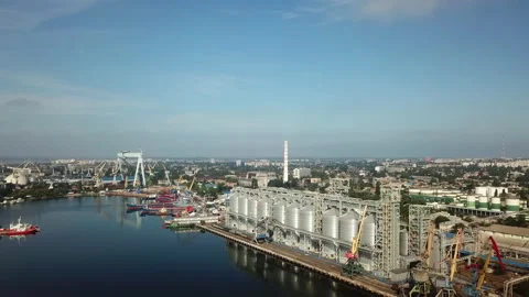 Grain storage terminals cargo cranes in the industrial area of the port. Stock Footage 196399631