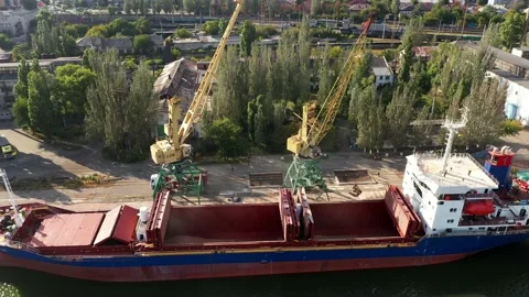 Grain transshipment from container to ship cargo holds with dual scoop clamshell Stock Footage 197016522