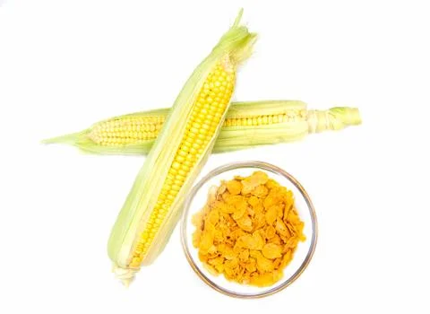 Grains of corn on a white background seen from above Stock Photos