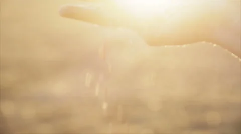 Grains in human hand, falling down in the sunset with flares 動画素材 40243015