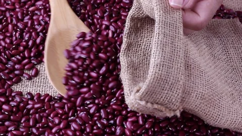 Grains of raw red kidney bean seeds placed in rustic fabric bag Stock Footage 252478743