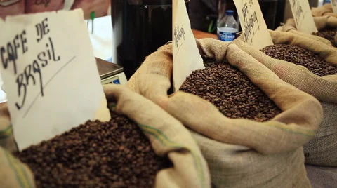 Grains of the Roasted Coffee in the Bags Stock Footage 61294178