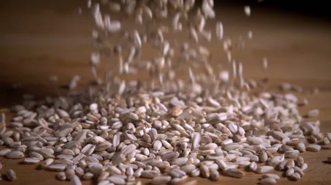Grains of spelt falling onto kitchen table, slow motion Stock Footage 55771217