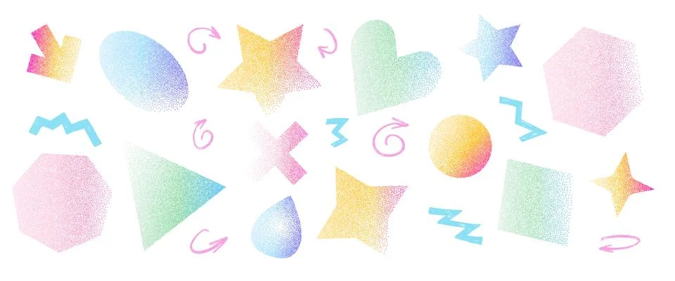 Grainy gradient shapes set. Abstract figures with noise for modern background. Stock Illustration