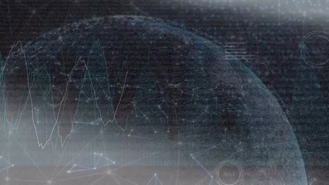 Grainy overlay flickering causing digital globe showing nodes as scan moving, Stock Footage 335465777