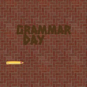 Grammar day text banner and pencil icon against brick wall textured background Stock Photos