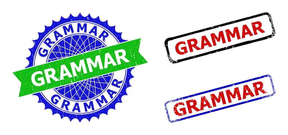 GRAMMAR Rosette and Rectangle Bicolor Seals with Unclean Textures Stock Illustration