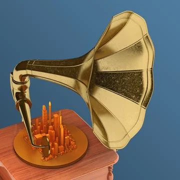 Gramophone with city on record Stock Illustration