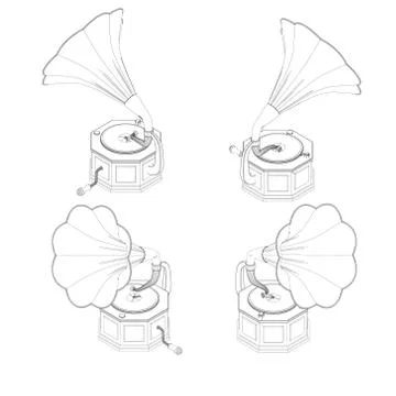 Gramophone set.Isolated on white.Vector outline illustration. Isometric style Stock Illustration