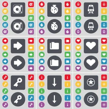 Gramophone, Stopwatch, Train, Arrow right, Folder, Heart, Key, Arrow down, Star Illustrazione stock