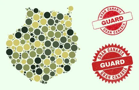 Gran Canaria Map Composition with Camouflage Military Round Elements with Grunge Stock Illustration