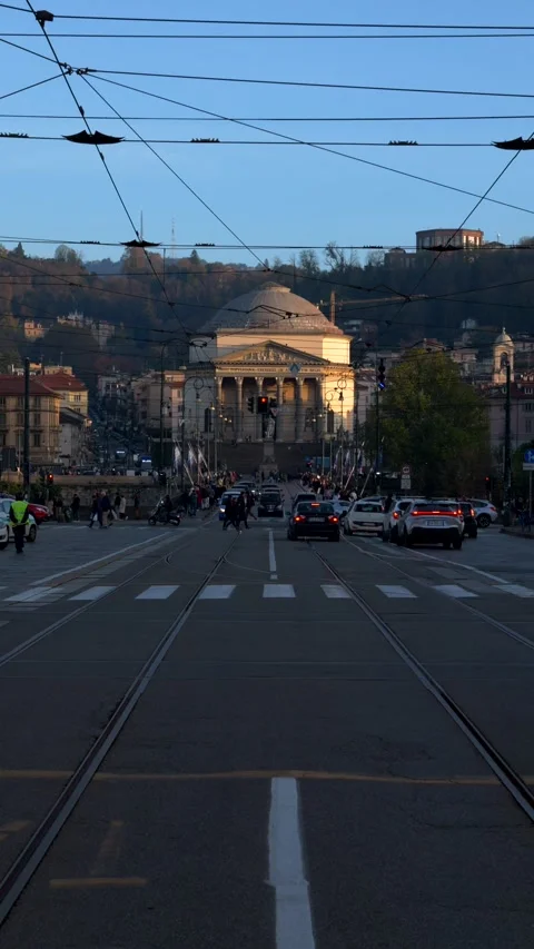 Gran Madre di Dio facade with city center traffic. City of Turin. Vertical video Video stock 295135738