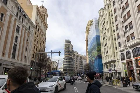 Gran via street with edificio carrion building in madrid Fotos de archivo