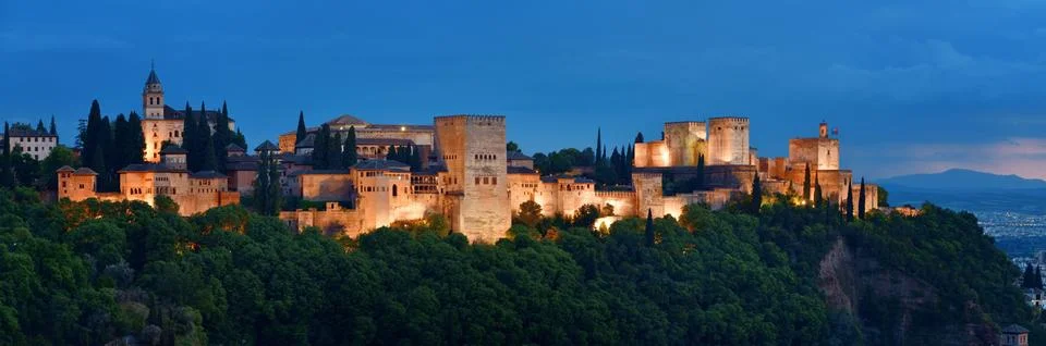Granada Alhambra panoramic view at night Stock Photos