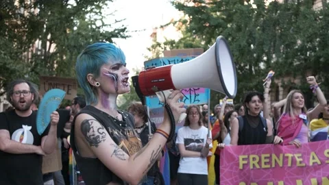 GRANADA, SPAIN - JUNE 28, 2022: Many people at the pride manifestation, LGBT+ Stock-Footage 199242562