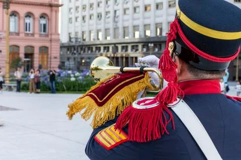 Granadero trumpeteer in front of Casa Rosada (presidential office) Stock Photos