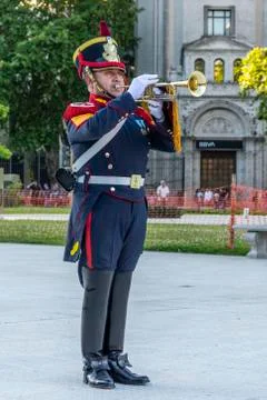 Granadero trumpeteer in front of Casa Rosada (presidential office) Stock Photos