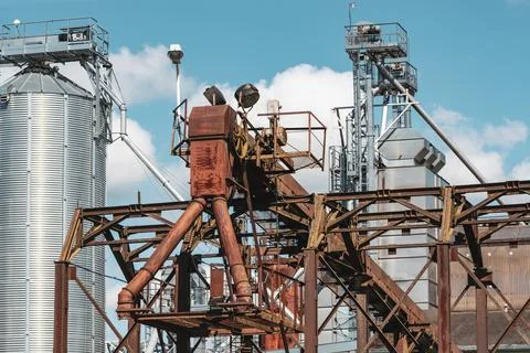 Granary elevator with silver silos Stock Photos