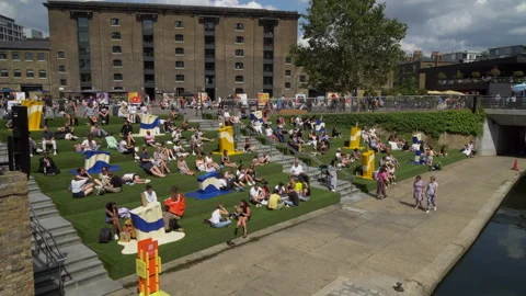 Granary Square Canalside green steps Video stock 248133919