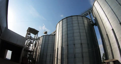 Granary. Tanks for processing and storage of soybean and wheat grains. Video stock 211574735