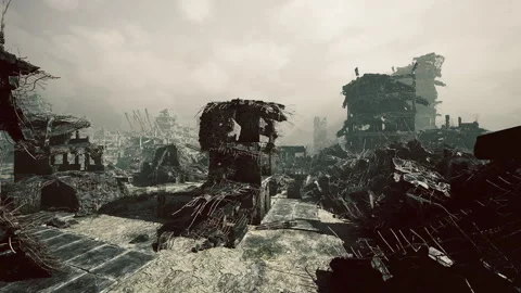 Grand abandoned structures stand tall amid fractured earth and rusted remnants 스톡 동영상 330246789