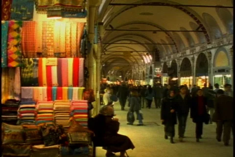 Grand Bazaar, interior, arched ceiling, M colorful cloth on side Stock Footage