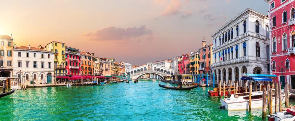 Grand Canal panorama near the Rialto Bridge in the Lagoon of Venice, Italy Stock Photos