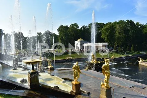 Grand cascade and Voronikhin colonnade Stock Photos