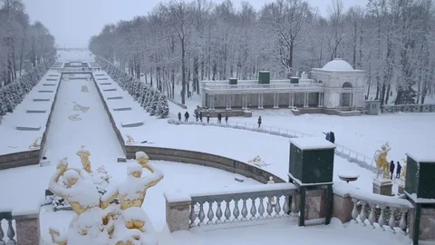 The Grand Cascade in winter. Peterhof Stock Footage 75426363