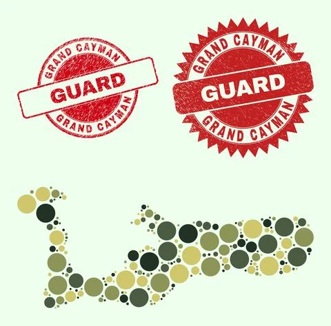 Grand Cayman Island Map Composition with Camouflage Military Spheric Items with Stock Illustration
