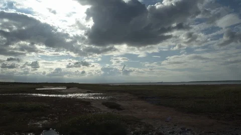 Grand clouds above marshy fields Stock Footage 130105514