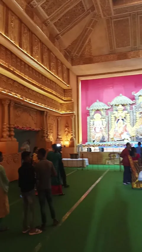 Grand Durga Puja pandal interior with crystal chandelier in Howrah, India Stock Footage 336771585