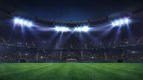 Grand football stadium illuminated by spotlights and empty green grass Stock Illustration