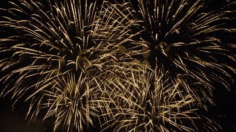 Grand golden fireworks exploding on a black night sky. Stock Footage 95301951